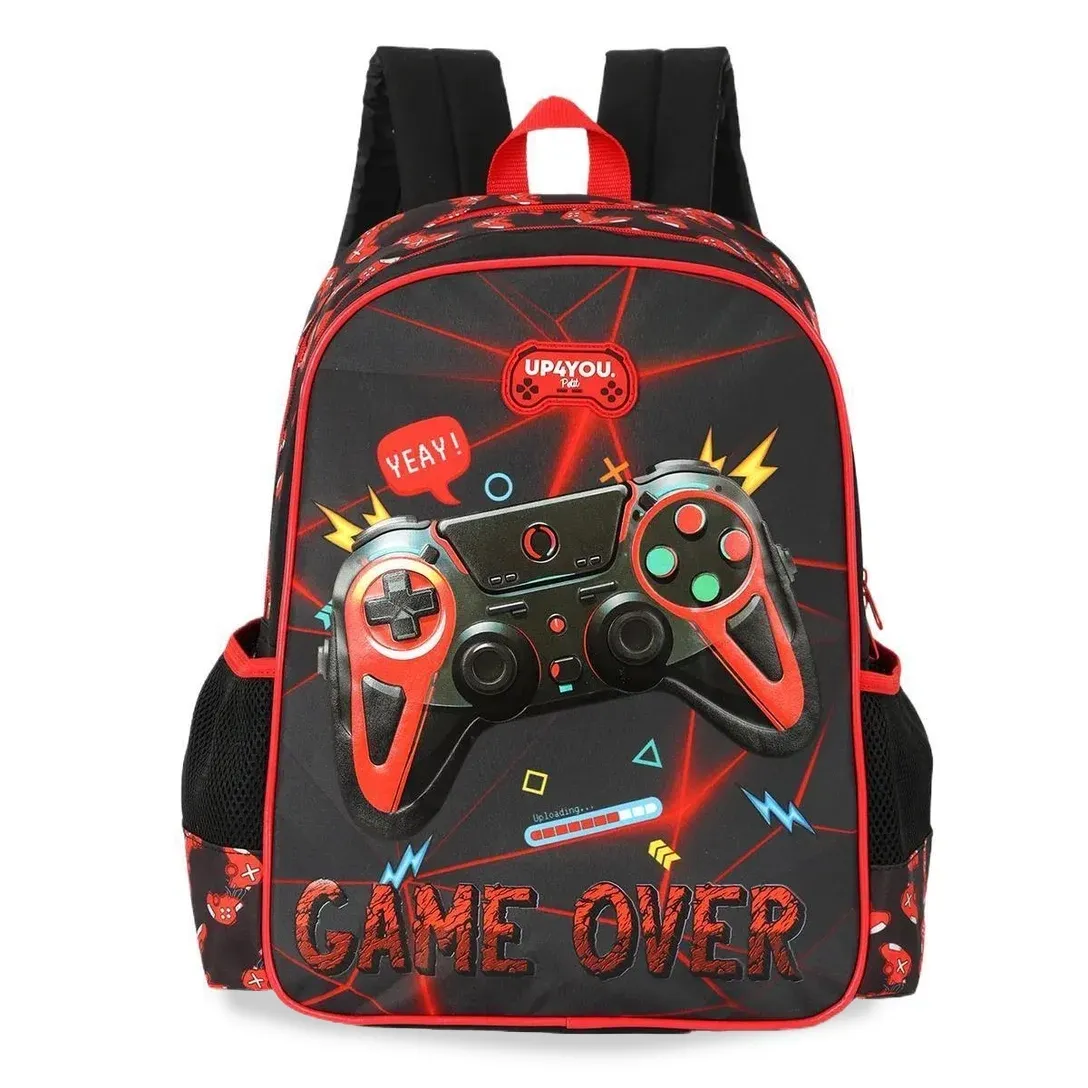 Mochila infantil vermelha Luxcel com estampa em relevo de controle de videogame e alças acolchoadas